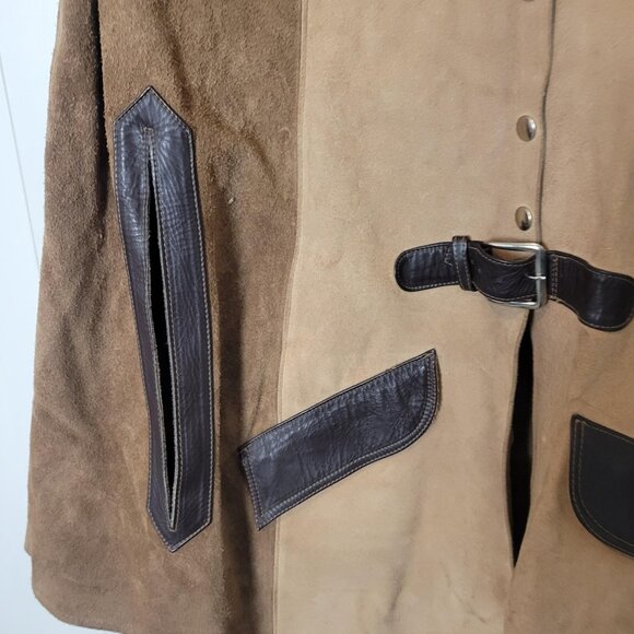 Authentic 60s 70s Vtg Two-Tone Suede Leather Belted Poncho Bolero Jacket - Picture 4 of 8